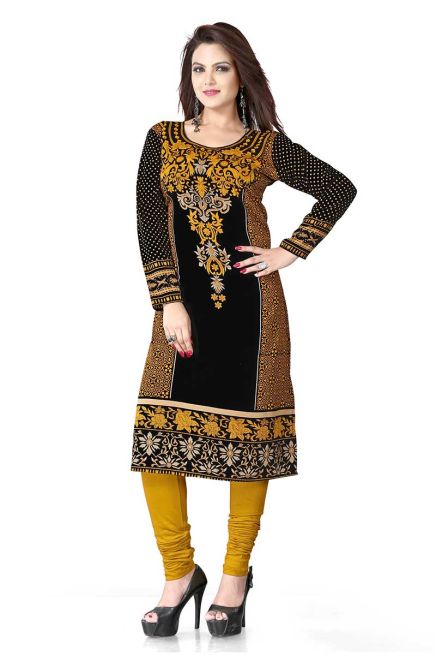 Trendy Yellow and Black Printed Long Kurti Lightweight Flowing Regular Fit S to XL Manufacturers  in Delhi