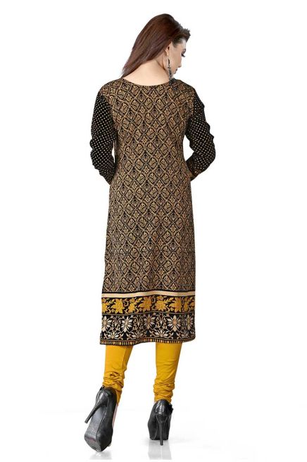 Trendy Yellow and Black Printed Long Kurti Lightweight Flowing Regular Fit S to XL Manufacturers  in Delhi