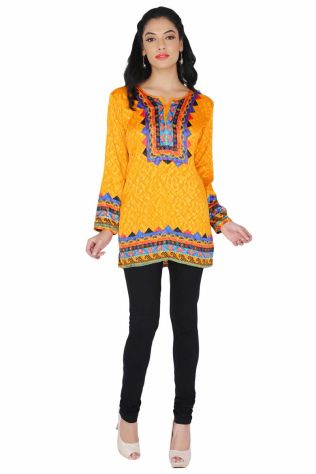 Trendy Yellow Full Sleeve Kurti with Designer Jacquard Fabric Sizes S to XL Manufacturers, Suppliers, Exporters in Malacca