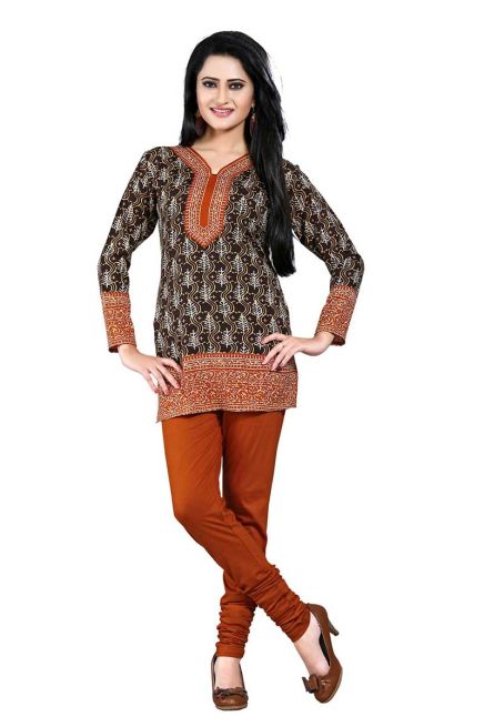 Warm Brown American Crepe Printed Kurti Regular Fit Full Sleeve Design for Casual Office Wear Manufacturers  in Delhi