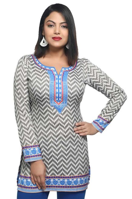 White and Grey Short Kurti with Blue Print on Neck and Border Regular Fit Sizes S to XL Manufacturers  in Delhi