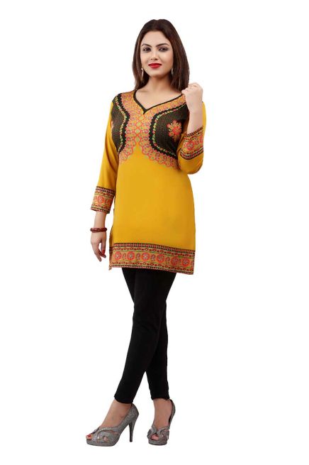 Yellow French Jacquard Jacket Style Short Kurti with Full Sleeves Regular Fit S to XL Manufacturers  in Delhi